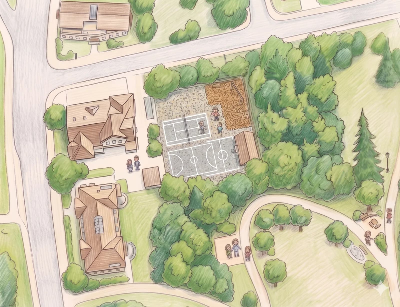 Illustration des Rietberg-Campus mit den vier Gebäuden an der Seestrasse